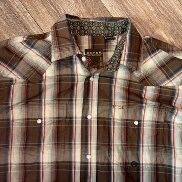 Roper Wear The West Pearl Snap Long Sleeve Plaid Shirt, Brown and Blue, Size M - Picture 2 of 7
